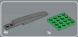 Two 3D-printed green LEGO blocks: a gray knife and a green block with circular tops, both labeled with dimensions (4x and 1x) — no text or symbols on the blocks themselves.