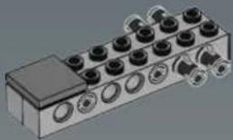 3D rendering of a mechanical component with multiple circular ports and a rectangular base (no text or symbols visible)