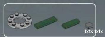 3D rendered mechanical parts including a flange, green blocks, and a small square component (no text or symbols)