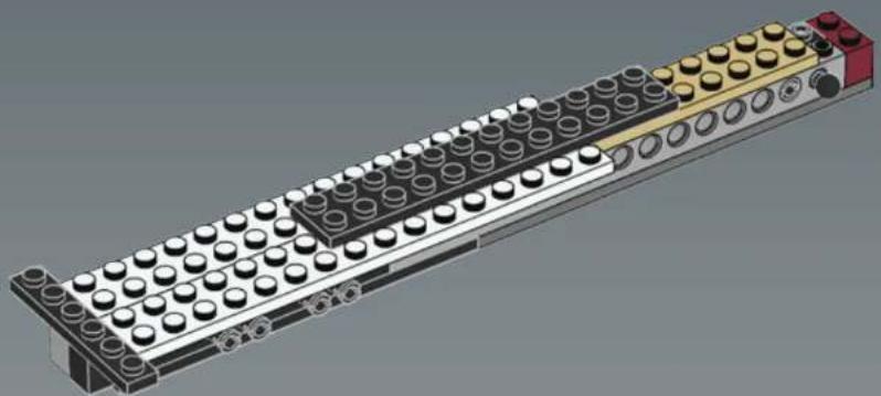 3D architectural rendering of a multi-level building structure with LEGO-like blocks and a red accent (no text or symbols)