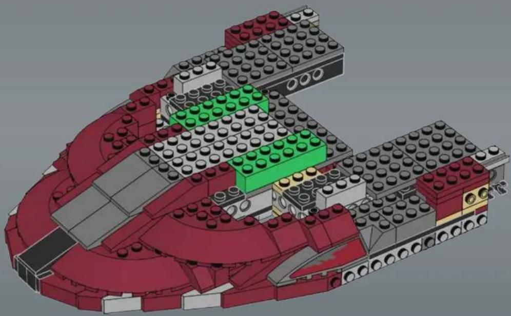 3D architectural model of a multi-level building structure with red and green components (no text or symbols visible)