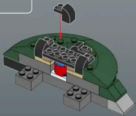 3D mechanical assembly diagram showing a green and gray component with a red laser beam and a blue base (no text or symbols)