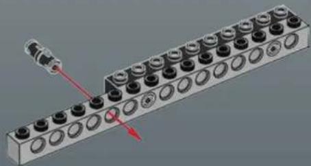 3D rendering of a mechanical component with multiple circular holes and a red arrow indicating direction (no text or symbols)