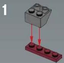3D diagram of a LEGO base with four circular components and red arrows indicating assembly or movement (no text or symbols)