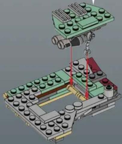 3D mechanical assembly diagram of a LEGO structure with green and gray components, no visible text or symbols