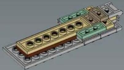 3D technical illustration of a mechanical assembly with multiple cylindrical components and housing (no text or symbols)