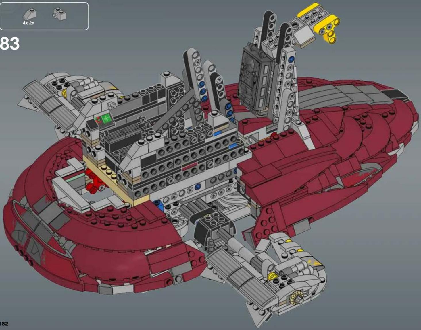 3D architectural model of a red and gray robotic ship with multiple pillars and structural components (no text or symbols visible)