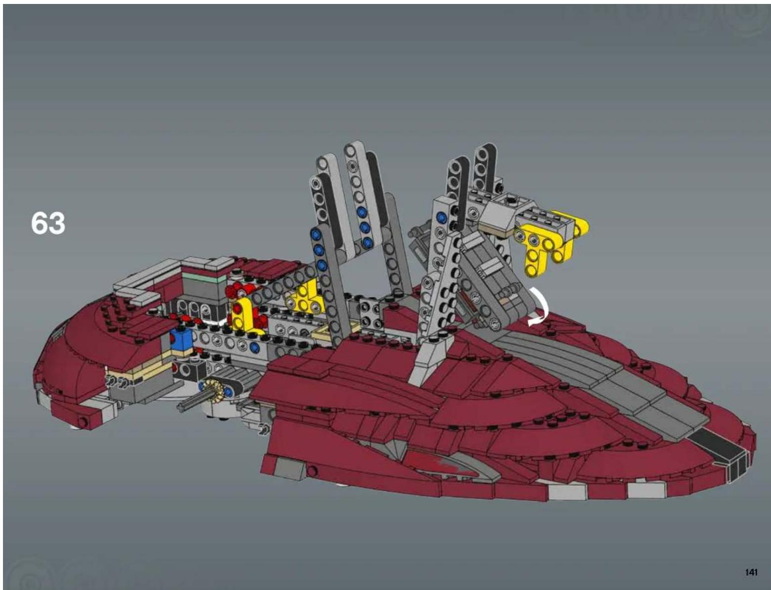 3D mechanical assembly diagram of a red and gray robotic ship (no text or symbols visible)