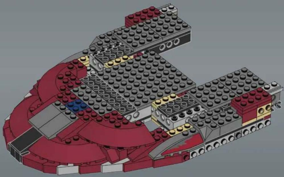 3D architectural model of a multi-level building structure with red and gray components, no visible text or symbols