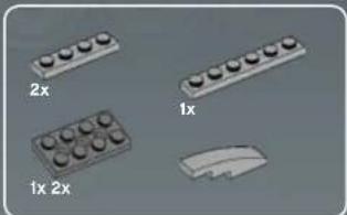 Four 3D model of LEGO blocks with labeled dimensions (2x, 1x, 1x 2x) and a separate cutout (no text or symbols on blocks)