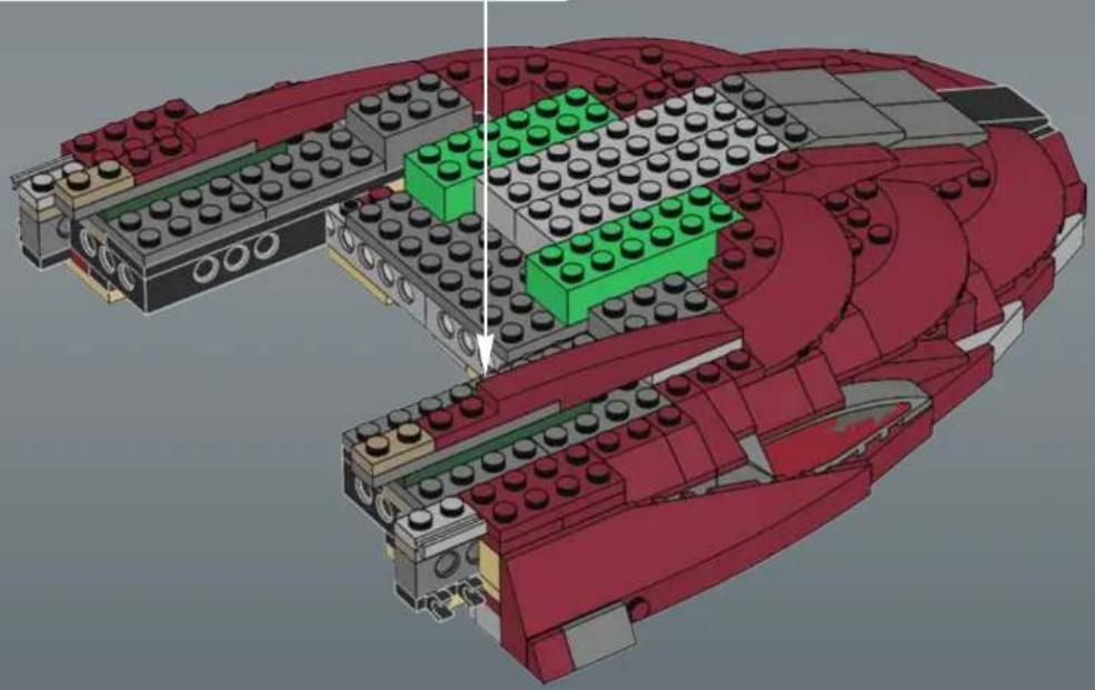 3D architectural rendering of a red and green LEGO structure with no visible text or symbols