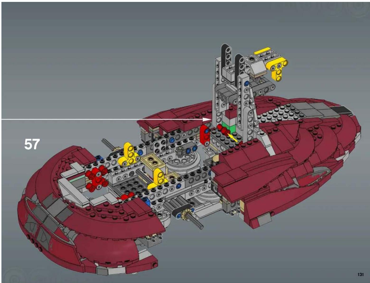 3D mechanical assembly diagram of a red and maroon robotic ship (no text or symbols)