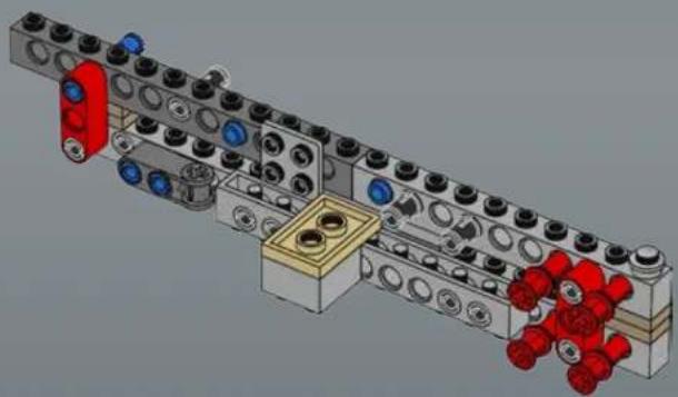 3D mechanical assembly diagram showing interconnected components with red and blue parts (no text or labels)