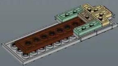 3D architectural rendering of a multi-level building structure with brown and green components (no text or symbols visible)