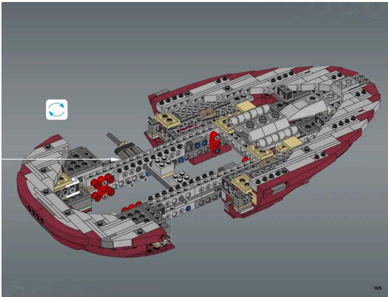 3D architectural rendering of a red and white LEGO ship's internal structure with visible structural components and no text or symbols