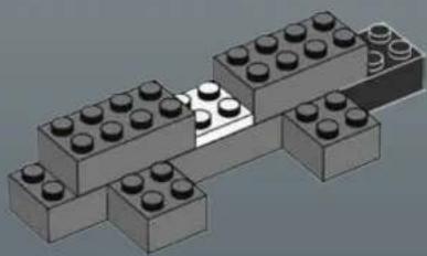 3D diagram of a LEGO structure with multiple stacked blocks and a central highlighted section (no text or symbols)
