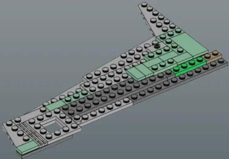 3D architectural rendering of a multi-level building structure with green-highlighted sections and black circular elements (no text or symbols)