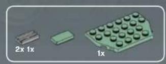 Three electronic components: a small rectangular component labeled 2x1x, a green rectangular component labeled 1x, and a green plastic tray with circular tops (no text or symbols on the objects themselves)