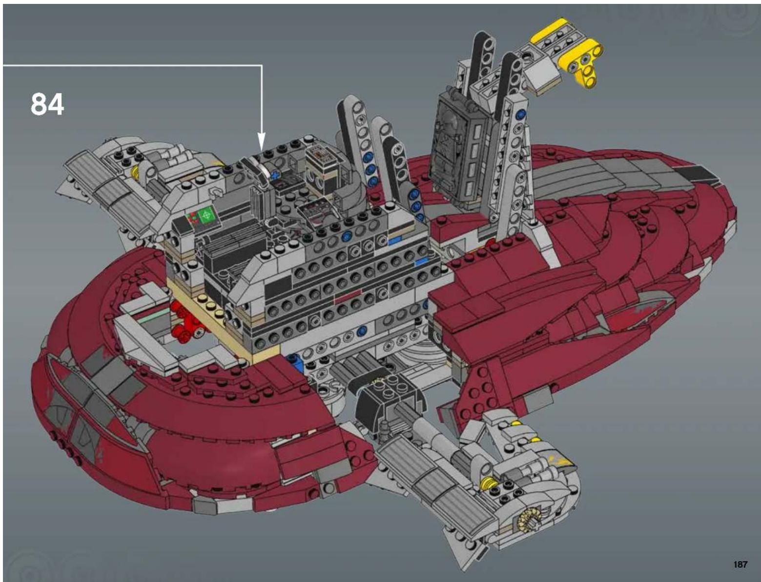 3D architectural rendering of a red and gray robotic ship with multiple platforms and structural components (no text or symbols)