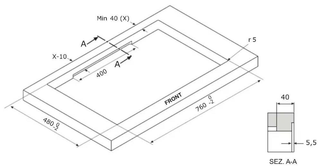 Min 40 (X) A X-10 400 A r 5 FRONT 760 -2 480 -2 40 5,5 SEZ. A-A