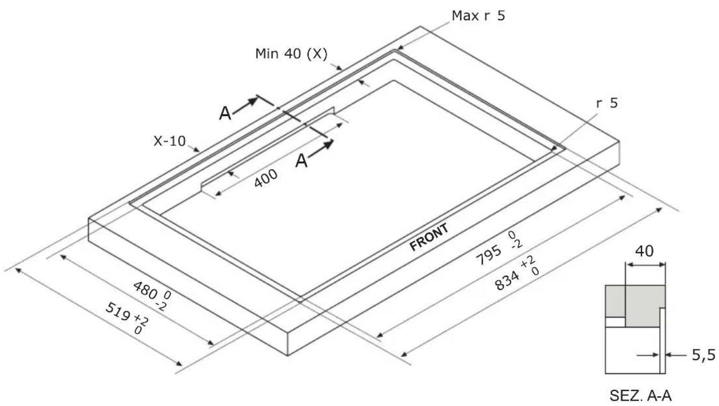 Max r 5 Min 40 (X) A X-10 400 A r 5 FRONT 795 0 -2 834 +2 0 480 0 -2 519 +2 0 40 5,5 SEZ. A-A