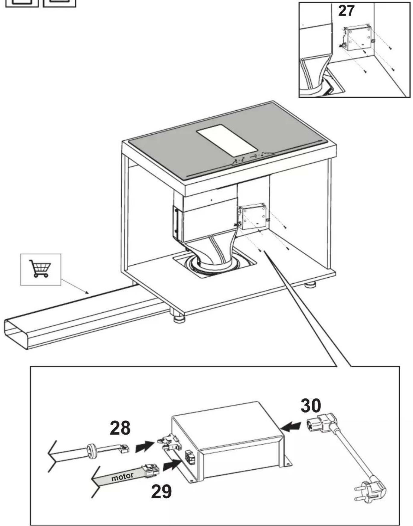 Technical diagram of a mechanical testing setup with labeled components and an inset showing close-ups of parts 27 and 30.