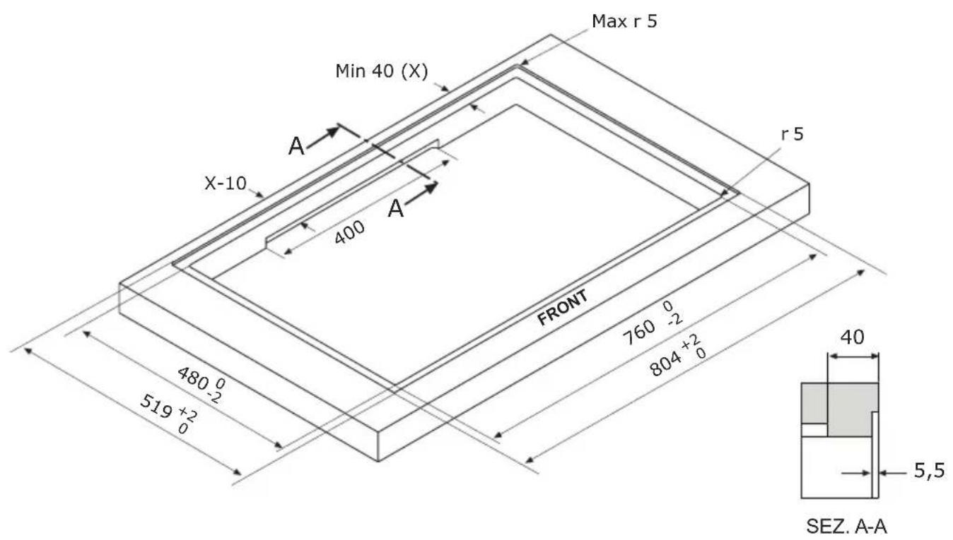 Max r 5 Min 40 (X) A X-10 400 A r 5 FRONT 760 -2 804 +2 480 -2 519 +2 0 40 5,5 SEZ. A-A