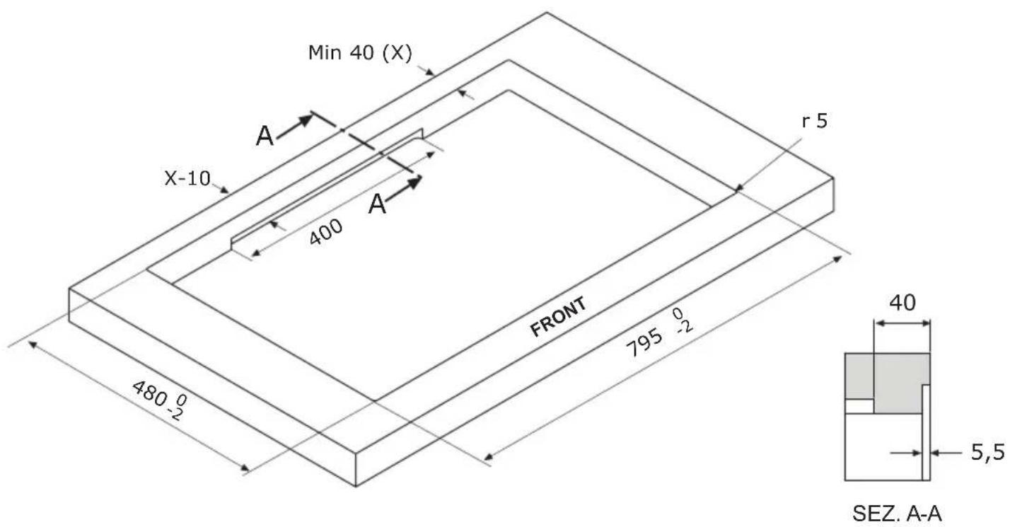 Min 40 (X) A X-10 400 A r 5 FRONT 795 -2 480 -2 40 5,5 SEZ. A-A