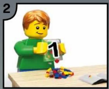 Lego figure holding a sign with the number 1, surrounded by colorful puzzle pieces on a wooden table (no text or symbols)