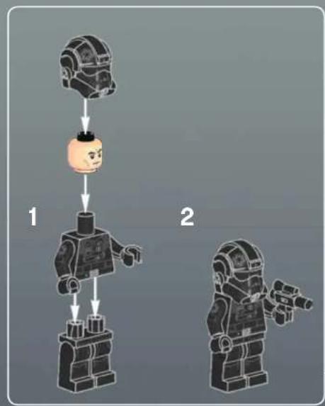 Diagram illustrating a robotic arm maneuvering a character, labeled with steps 1 and 2.