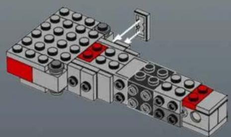 3D diagram of a mechanical assembly with multiple LEGO blocks and a vertical support (no text or symbols)