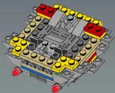 3D mechanical assembly diagram of a LEGO structure with red and yellow components (no text or symbols)