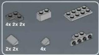 Illustration of various LEGO blocks with labeled dimensions (no text or symbols on blocks)