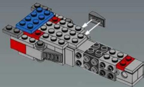 3D diagram of a LEGO building assembly with blue and red components, no text or symbols present