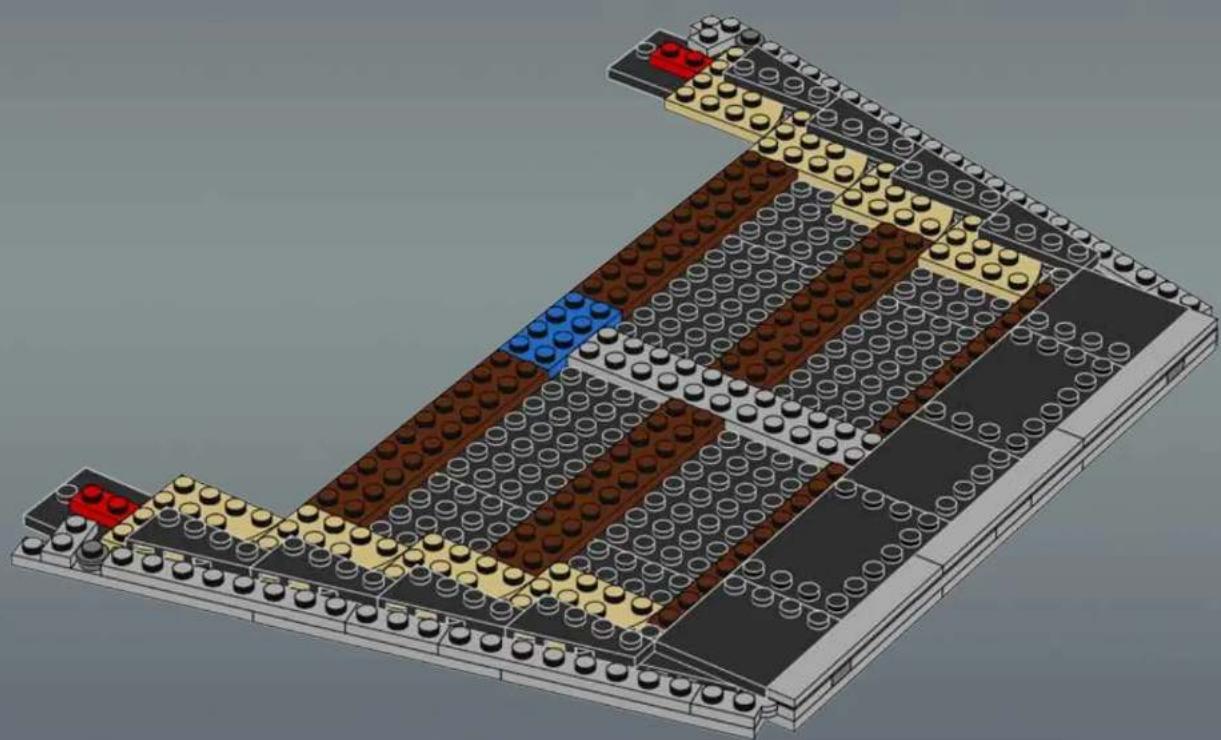3D architectural floor plan of a building with LEGO-like blocks and colored structural elements (no text or labels)