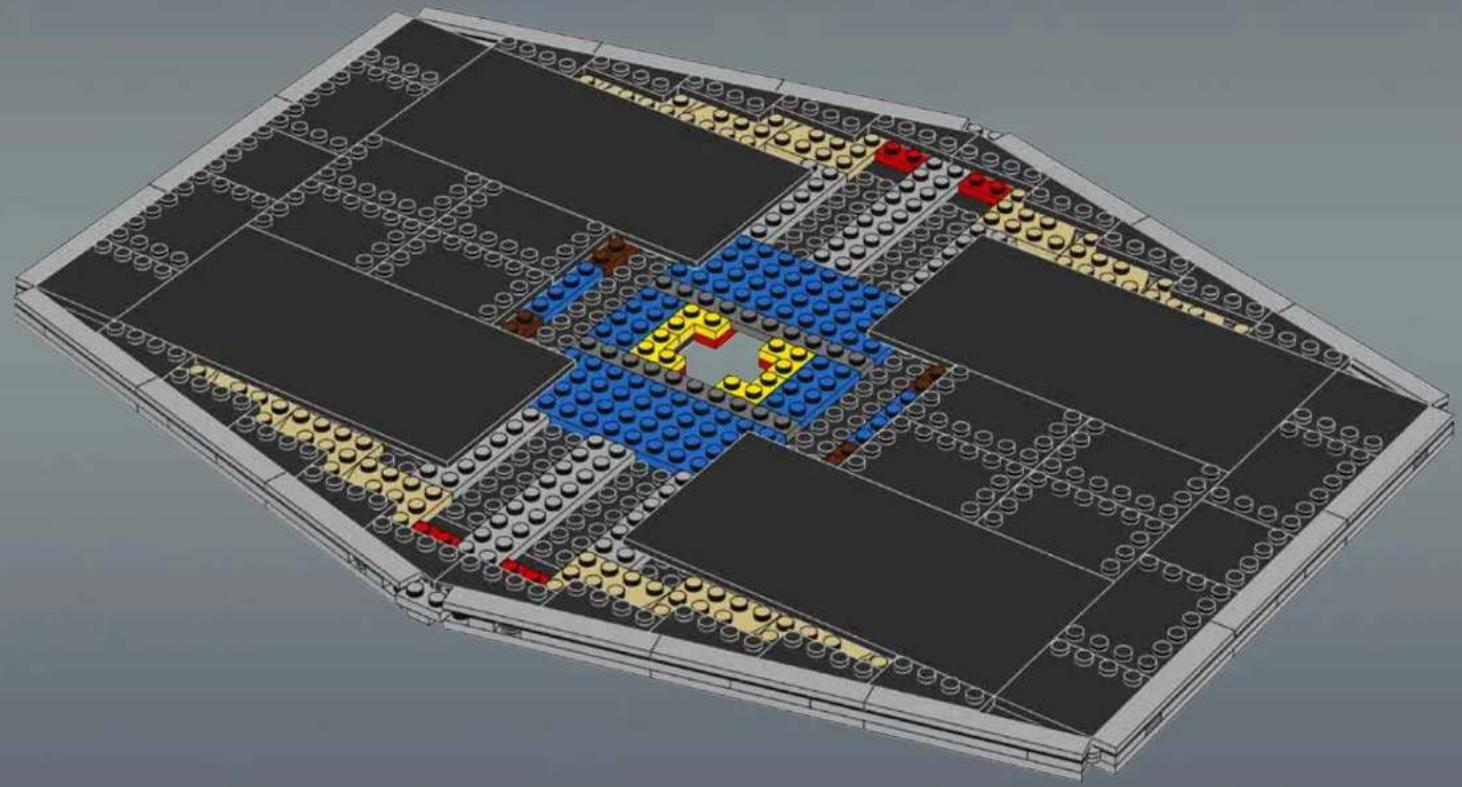 3D architectural floor plan of a building with blue and yellow LEGO blocks, no visible text or symbols