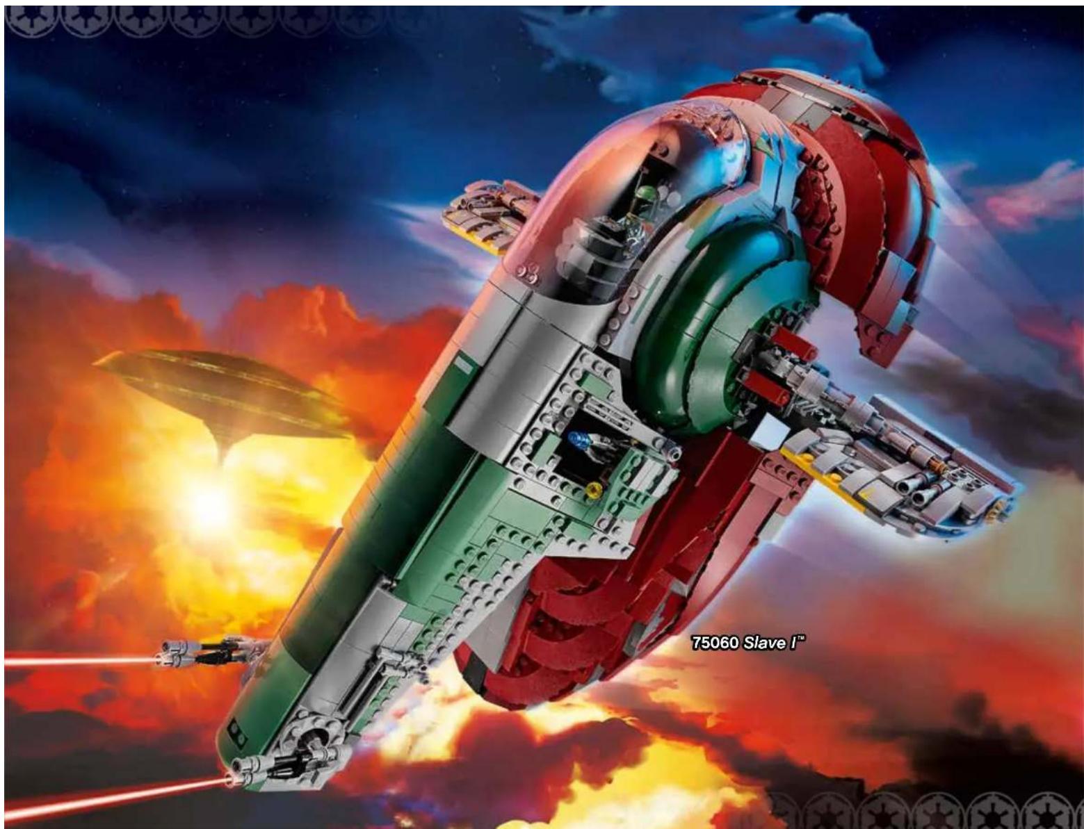 Illustration of a futuristic, colorful rocket with glowing exhaust flames and a '75060 Slave I' badge (no other text or symbols)