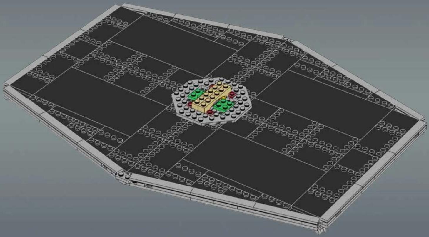 3D architectural rendering of a multi-level building structure with a central octagonal structure and surrounding grid layout (no text or symbols)