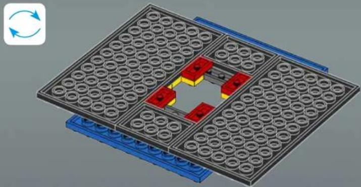 3D diagram of a LEGO structure with circular components and red blocks, no text or symbols present
