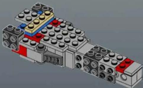 3D architectural diagram of a multi-story building with LEGO-like structures and red-and-black components (no text or symbols)