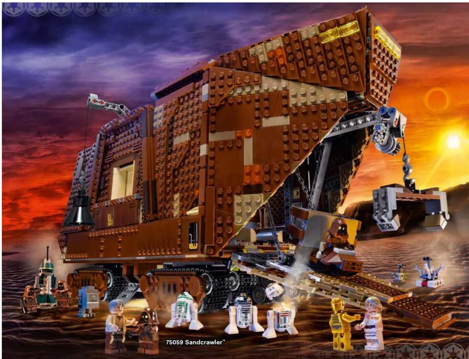 Lego-style mobile rover with robotic arm and crew in water, set against a sunset sky (no text or symbols on the robot itself)