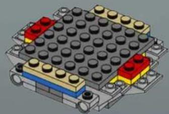 3D diagram of a LEGO mechanical assembly with red and yellow components on a gray base (no text or symbols)