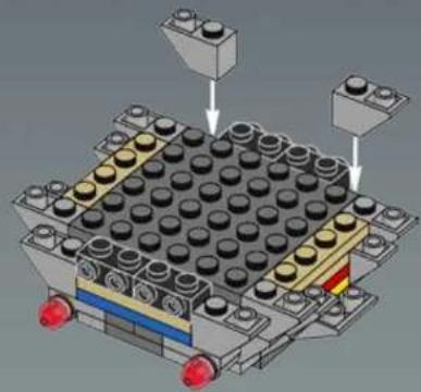 3D diagram of a LEGO mechanical assembly with stacked blocks and red connectors (no text or symbols)