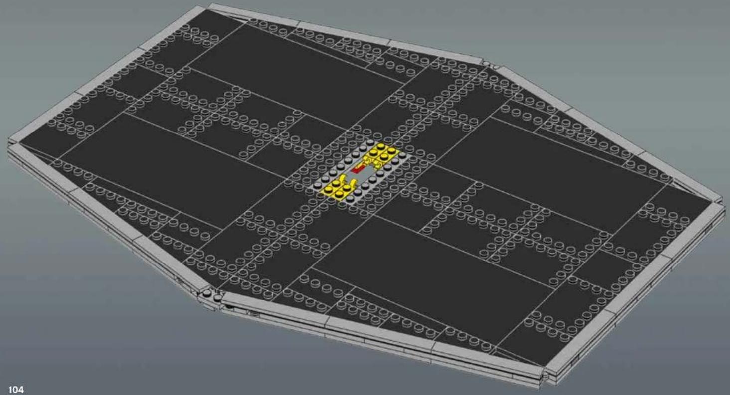 3D architectural rendering of a multi-level building structure with grid patterns and central yellow-labeled elements (no text or symbols)