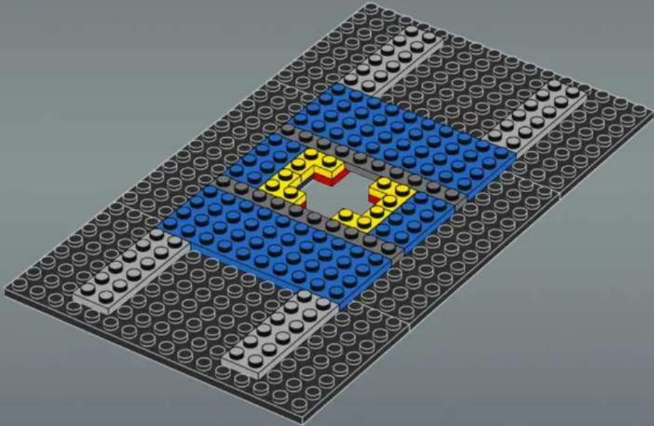 3D diagram of a LEGO structure with blue and yellow blocks on a gray base plate (no text or symbols)