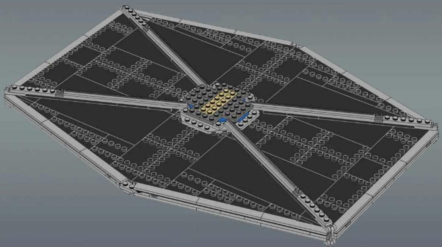 3D architectural rendering of a multi-level building structure with grid patterns and central platform (no text or symbols)