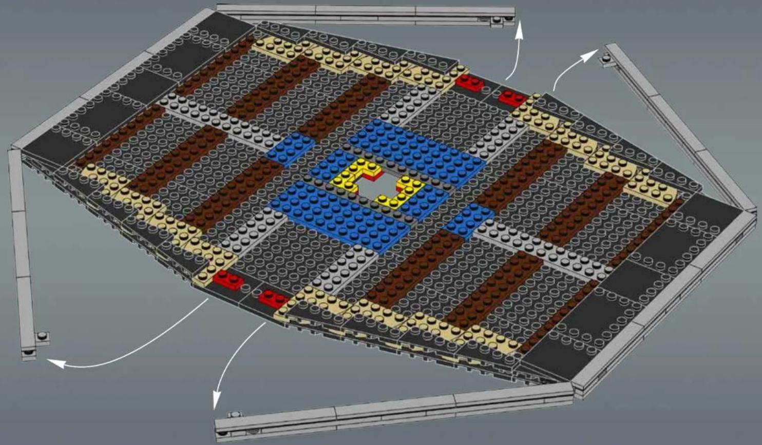 3D architectural diagram of a multi-level building structure with blue and yellow components, showing structural layout and directional arrows (no text or symbols)