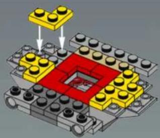 3D diagram of a LEGO structure with yellow and red components, no text or symbols present