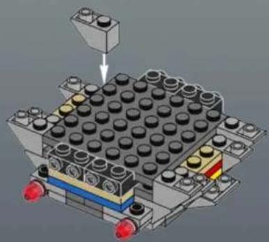 3D diagram of a LEGO mechanical assembly with a base platform and mounting holes (no text or symbols)