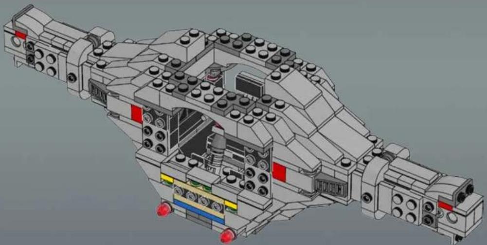 3D architectural cutaway diagram of a futuristic spaceship with visible structural elements and no text or symbols